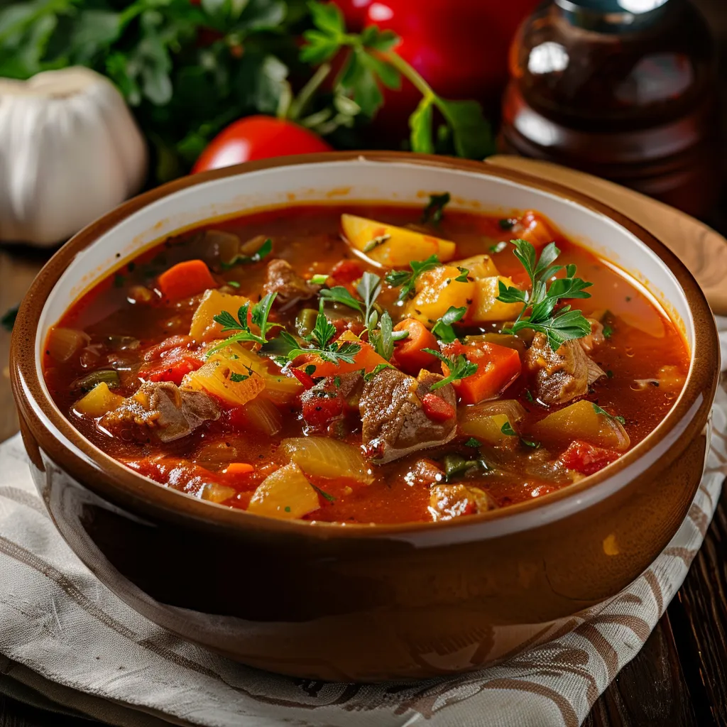 Un bol de soupe avec des légumes et des viandes.