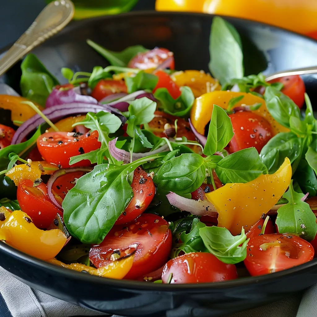 Une salade de tomates, de basilic et de poivrons dans un bol noir.
