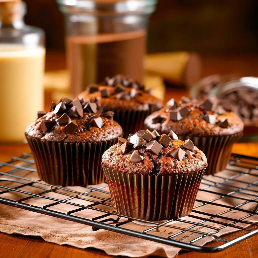 Quatre cupcakes chocolat sur une grille.